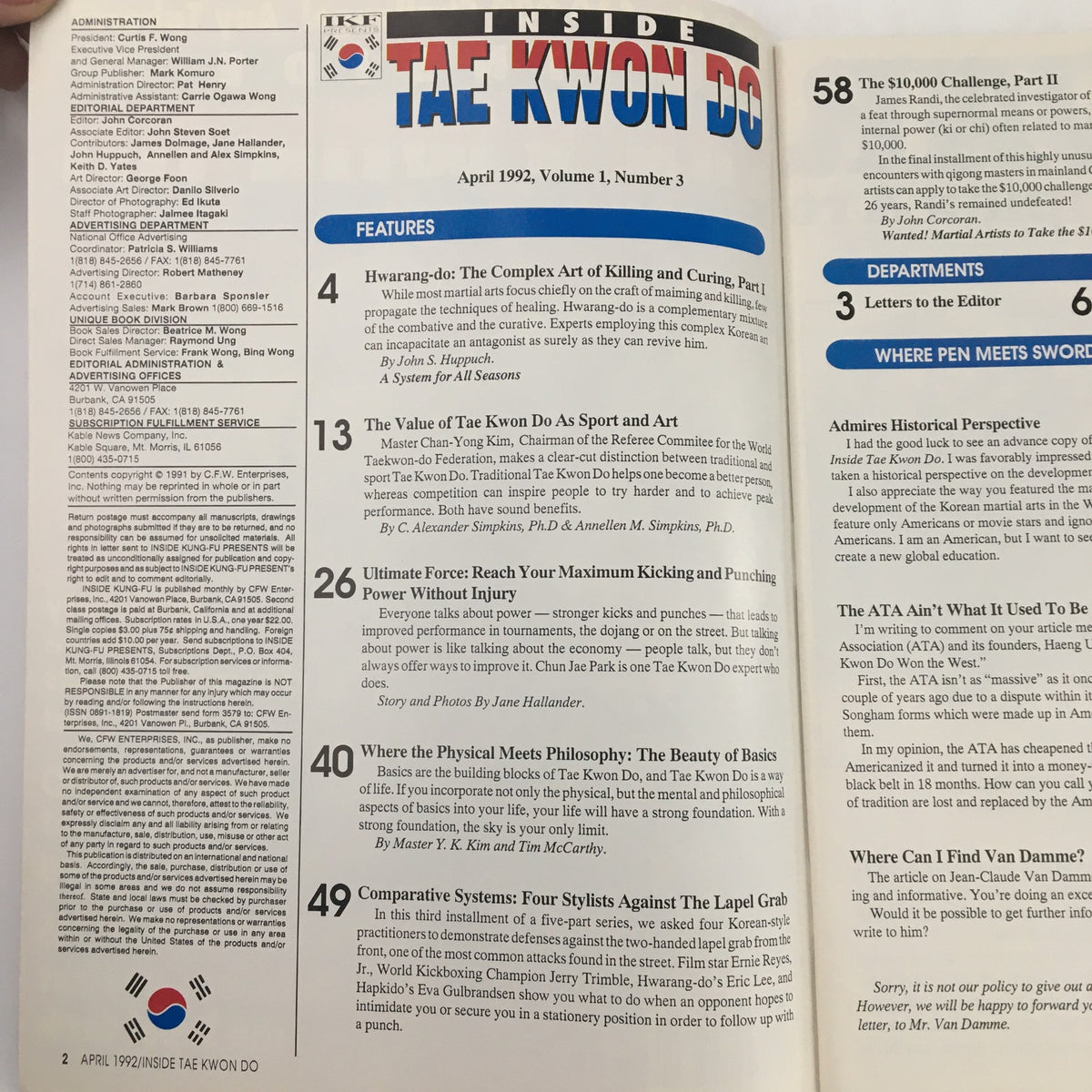 Inside Tae Kwon Do Magazine April 1992 Vol 1 #3 featuring articles about martial arts including insights by Chan-Yong Kim, showcasing the magazine's table of contents with a focus on Hwarang-Do techniques.