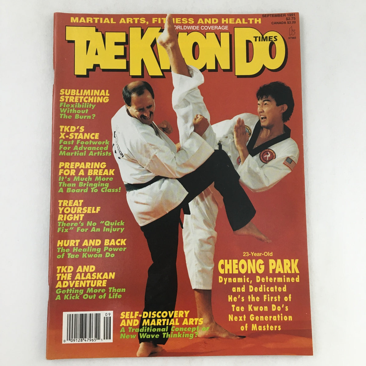 Cover of TaeKwonDo Times Magazine Vol 11 #6 September 1991, featuring martial artists in action and highlighted article on Cheong Park, an emerging star in Taekwondo.