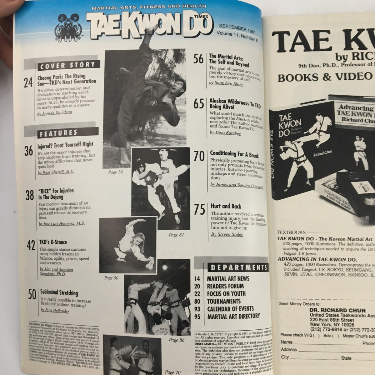 Contents page of TaeKwonDo Times Magazine Vol 11 #6 September 1991, featuring articles on martial arts, techniques, and health tips related to Taekwondo, highlighting Cheong Park as the cover story.