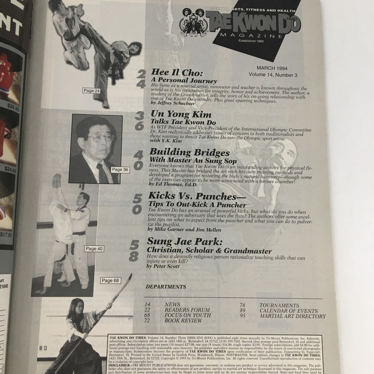Inside page of TaeKwonDo Times Magazine Vol 14 #3 March 1994 showcasing sections on Hee Il Cho and other martial arts content, with visuals of Taekwondo techniques.