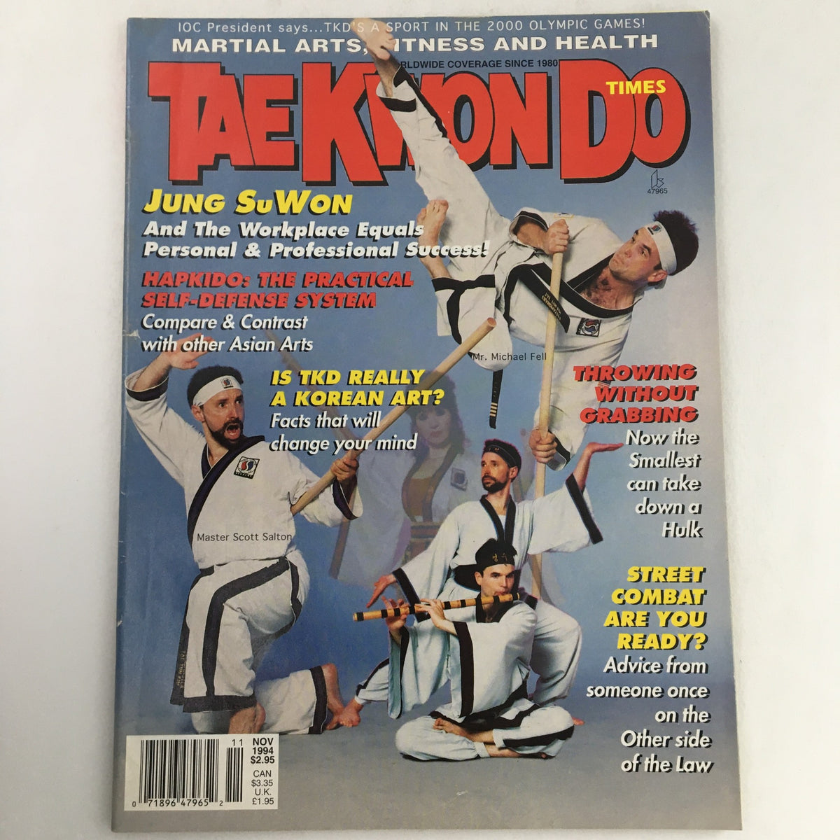 Cover of TaeKwonDo Times Magazine Vol 15 #2 November 1994 featuring Master Scott Salton and Mr. Michael Fell showcasing martial arts techniques and topics.
