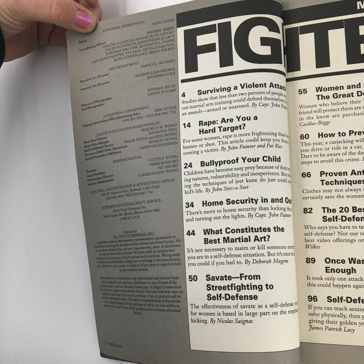 Inside page of '1963 Martial Art Masters Fight Back: A Guide To Family Self-Defense' showing the table of contents with various self-defense topics.