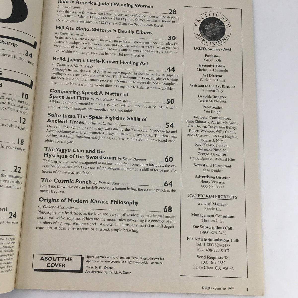 Continuation of the table of contents from Budo Dojo Magazine Summer 1995, showcasing articles on Aikido, Soho-Jutsu, and the philosophy behind martial arts.