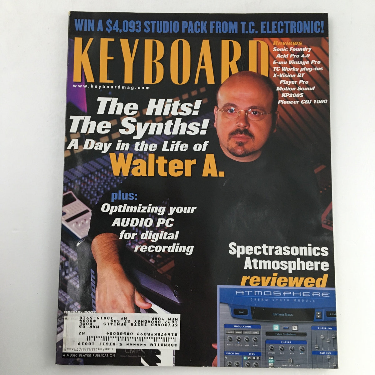 Cover of Keyboard Magazine February 2003 featuring Walter Afanasieff, highlighting 'The Hits! The Synths!' and a feature on Spectrasonics Atmosphere software.