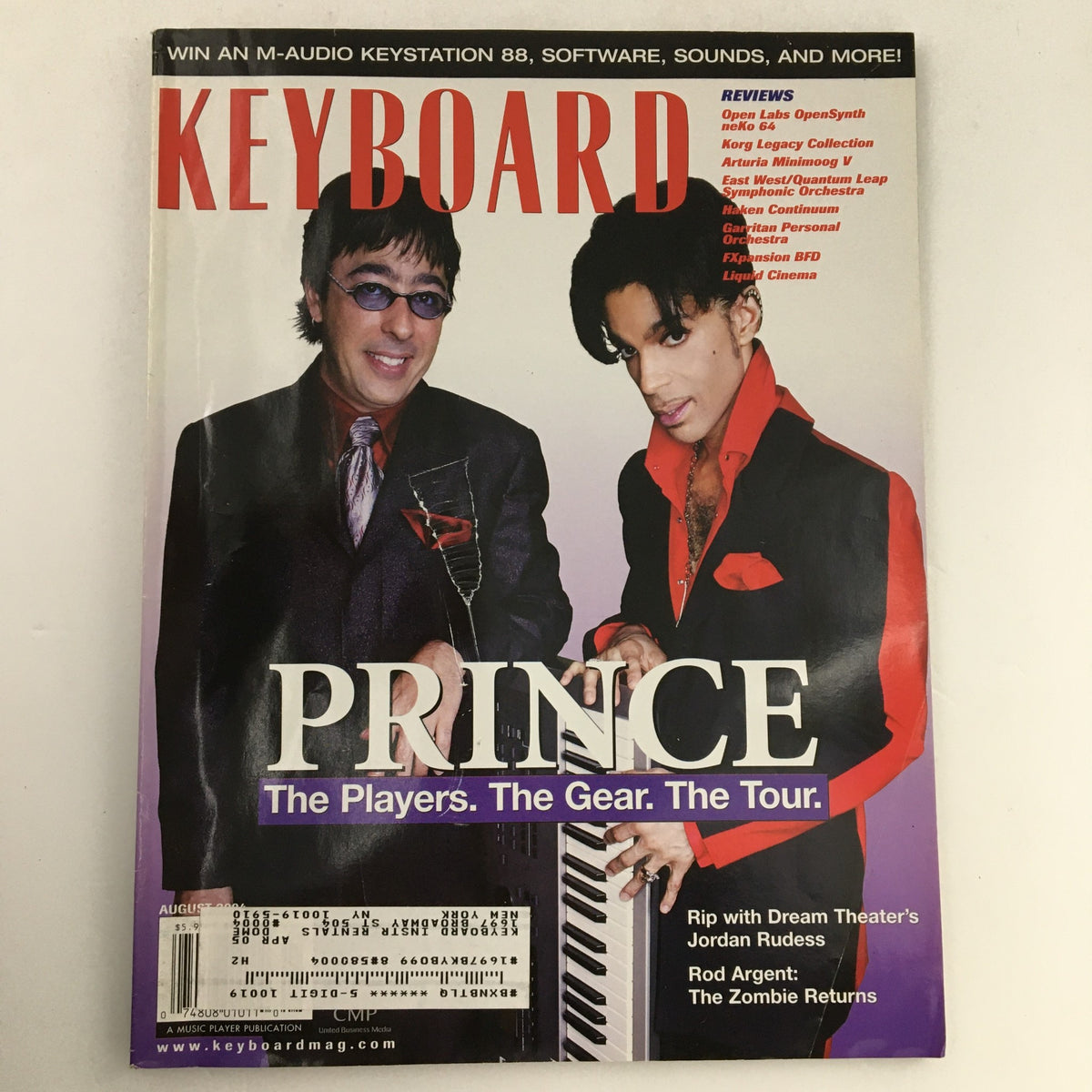 Cover of Keyboard Magazine August 2004 featuring Prince and Jordan Rudess. The magazine highlights Prince with a piano and showcases articles on music and keyboard instruments from notable artists.