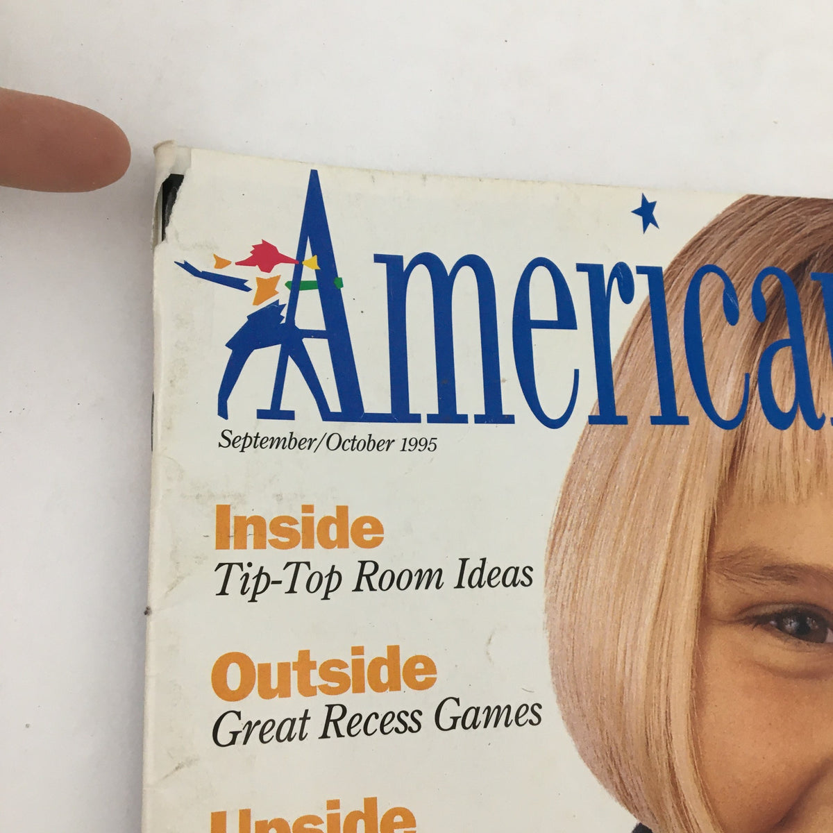 Cover of American Girl Magazine September-October 1995 featuring the title, 'Inside Tip-Top Room Ideas' and 'Outside Great Recess Games', depicting a playful design and vintage style.
