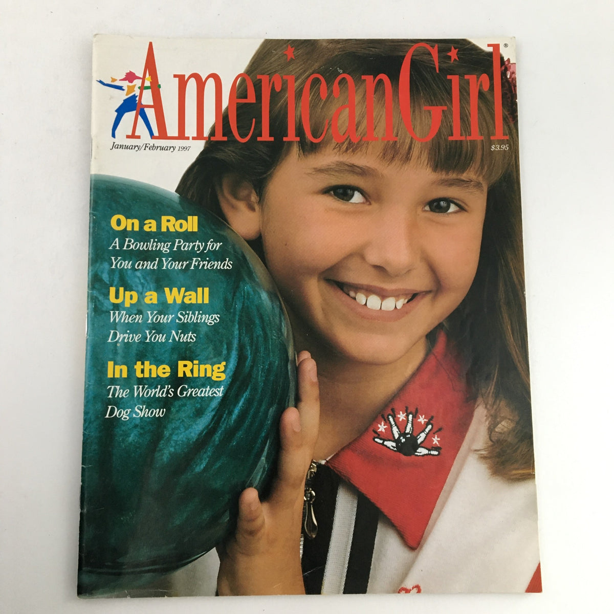 Cover of American Girl Magazine January-February 1997 featuring a smiling girl holding a bowling ball, highlighting the theme 'A Bowling Party For You & Friends'.