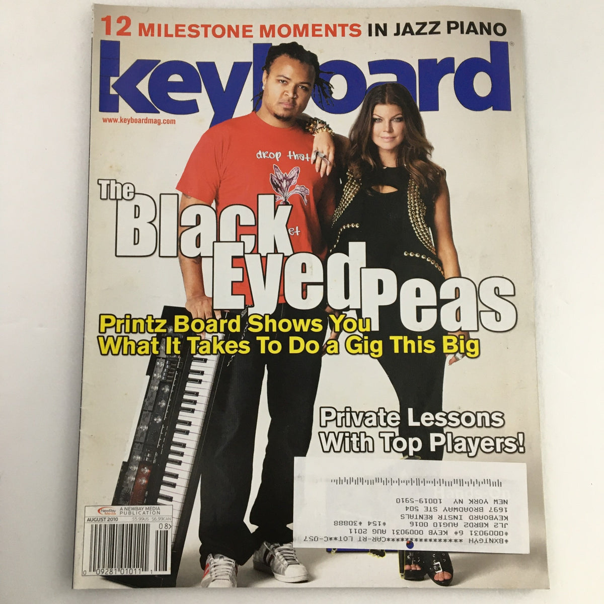 Keyboard Magazine August 2010 featuring The Black Eyed Peas and Fergie on the cover, showcasing a blend of pop and jazz piano. Ideal for collectors and music enthusiasts.