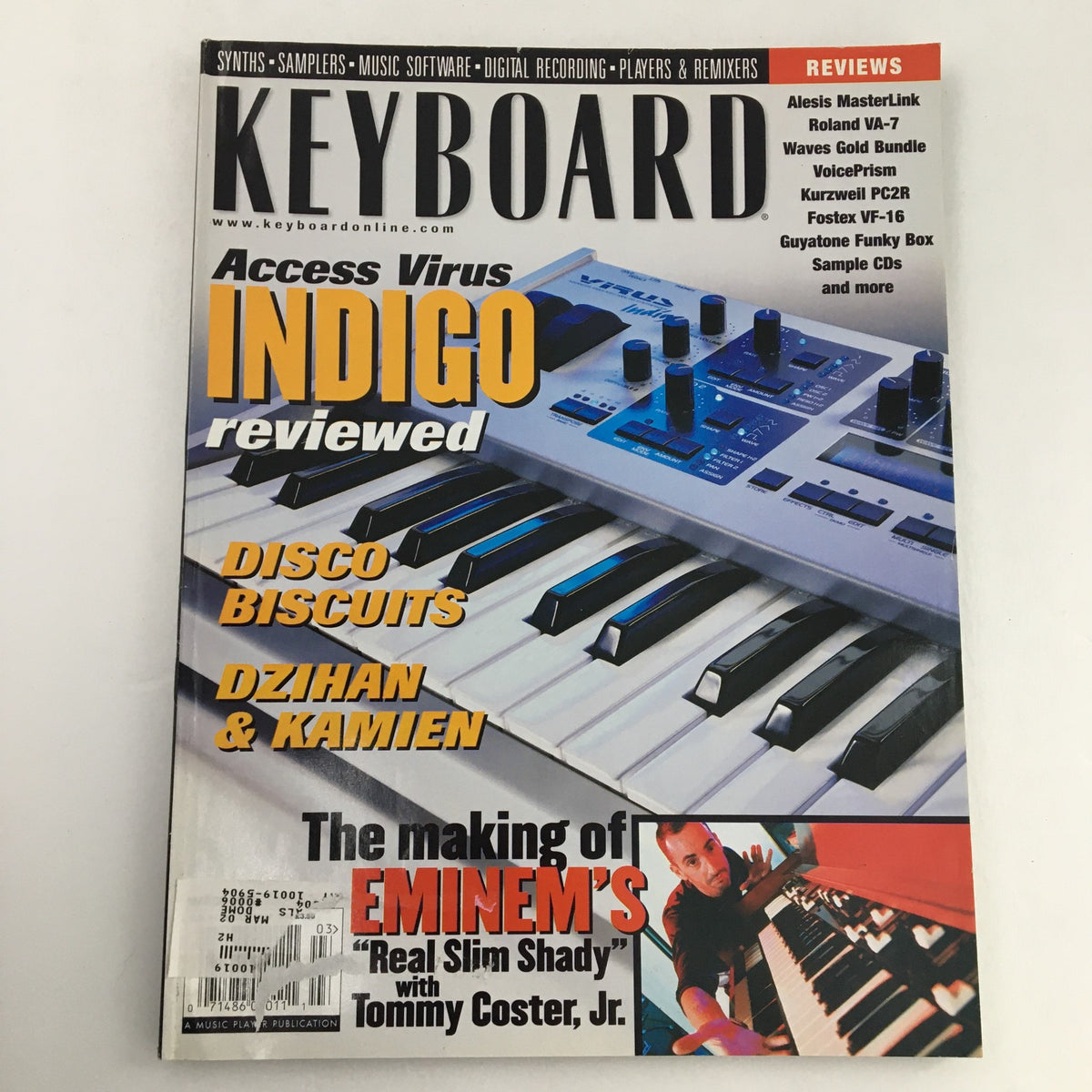 Cover of Keyboard Magazine March 2001 featuring The Real Slim Shady with Eminem and Tommy Coster Jr. showcasing synthesizers and music technology.