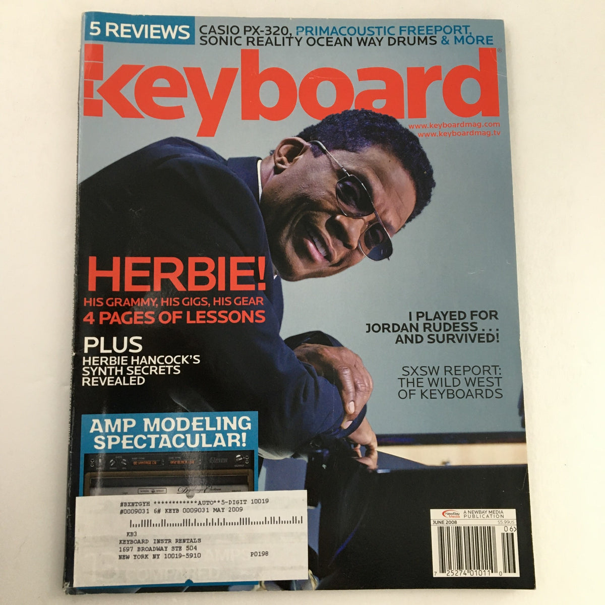 Keyboard Magazine June 2008 cover featuring Herbie Hancock, promoting music insights, Casio PX-320 reviews, and lessons from Jordan Rudess.