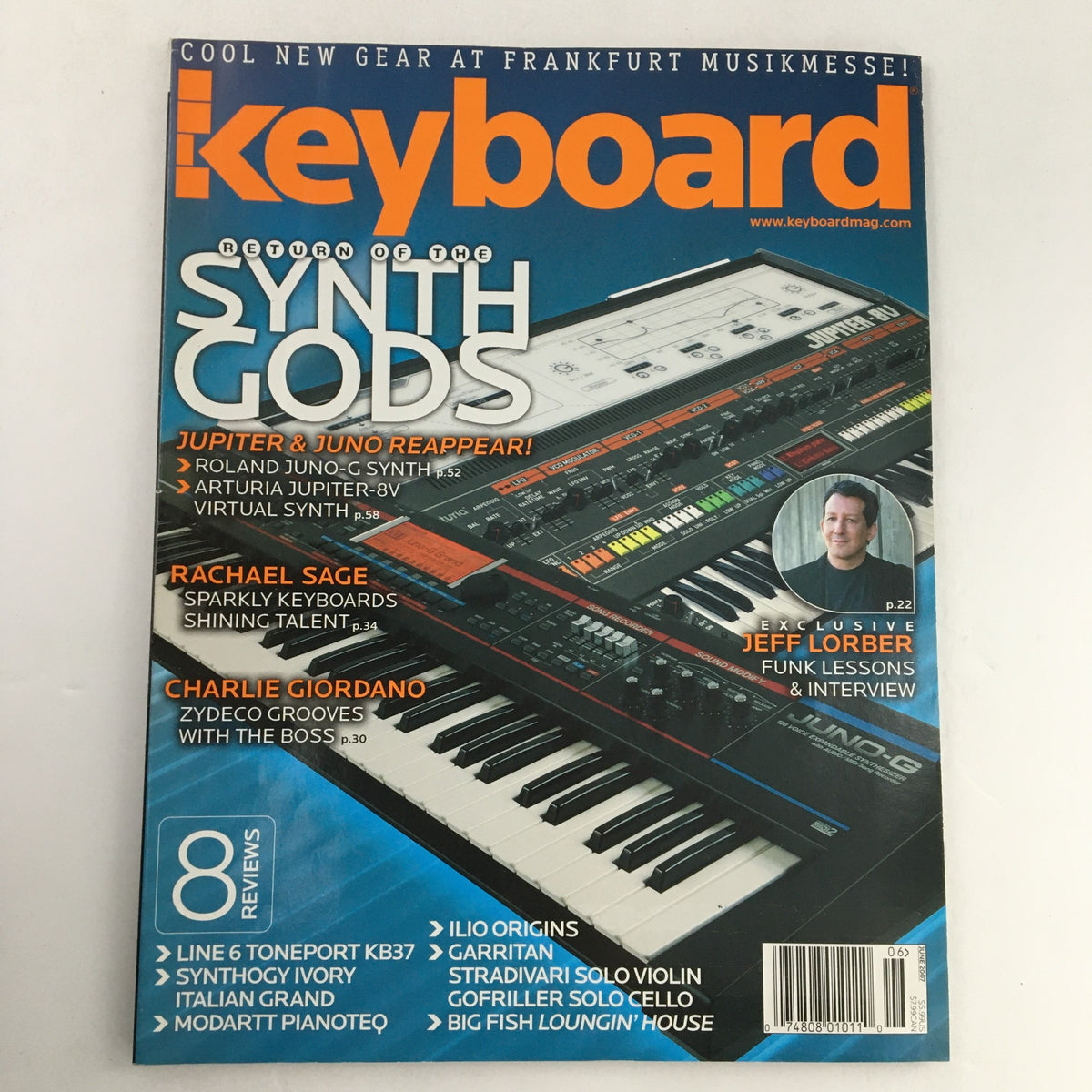 Keyboard Magazine June 2007 cover featuring Jeff Lorber, Rachael Sage, and Charlie Giordano, focusing on electronic music trends with synthesizers and artist interviews.