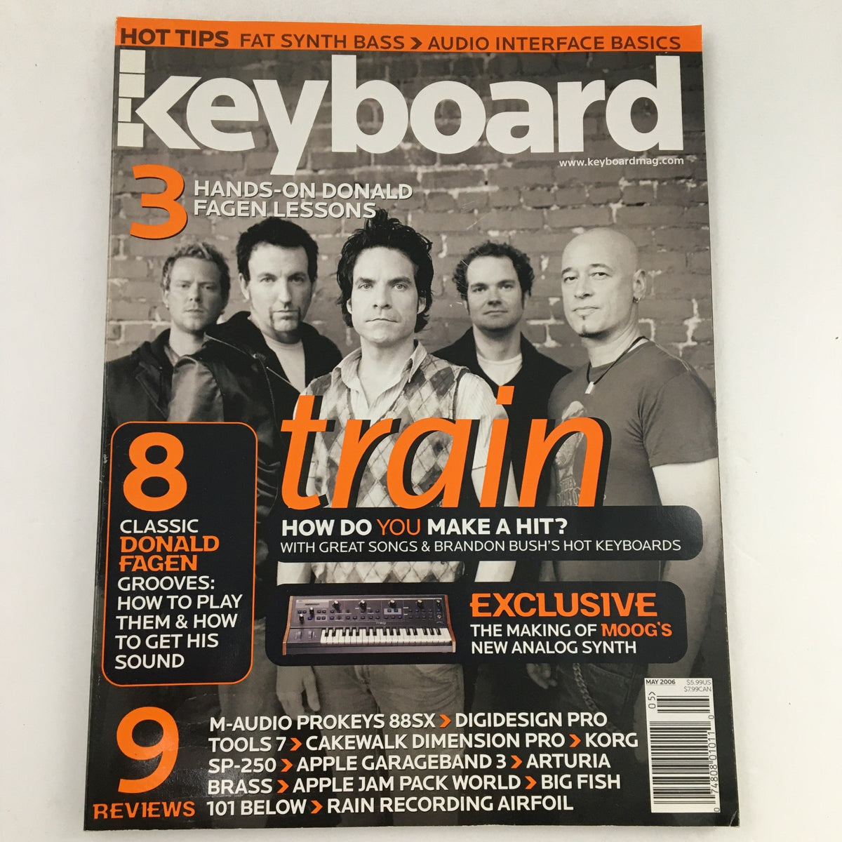 Keyboard Magazine May 2006 issue cover featuring Train, Brandon Bush, and Donald Fagen, showcasing articles on music and interviews.