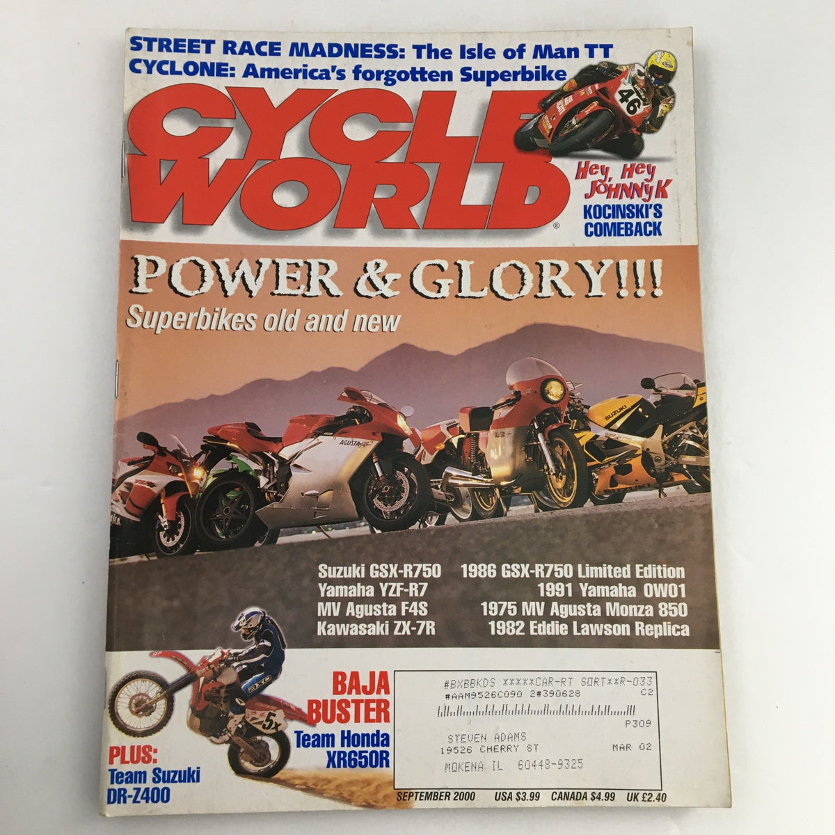 Cycle World Magazine cover for September 2000 featuring Johnny Kocinski and Suzuki GSX-R750, highlighting motorcycle culture and racing history.