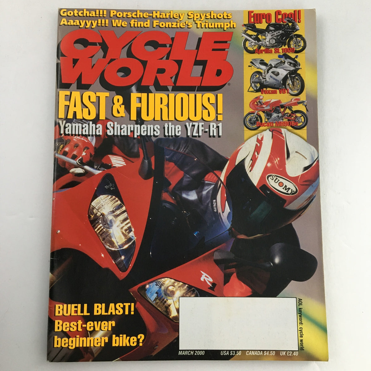 Cycle World Magazine March 2000 cover featuring Yamaha YZF-R1 with the headline 'FAST & FURIOUS!' highlighting motorcycle reviews and performance insights.