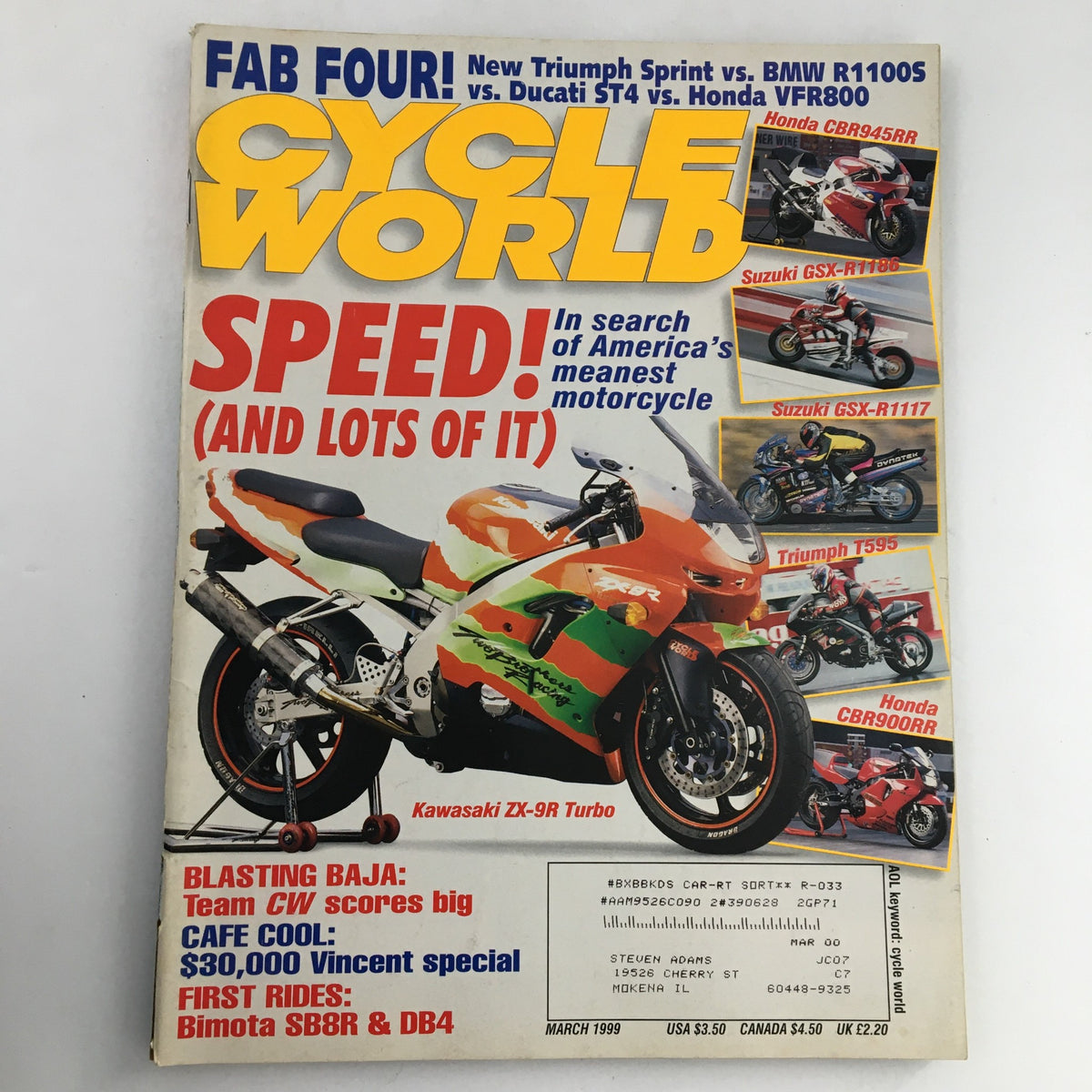 Cycle World Magazine March 1999 cover featuring Kawasaki ZX-9R Turbo and Honda CBR945RR, showcasing motorcycle culture with vibrant graphics and motorcycles in focus.