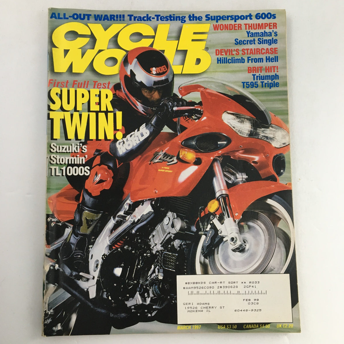 Cycle World Magazine March 1997 featuring an article about Suzuki TL1000S and Supersport 600s, showcasing the iconic motorcycle with vibrant cover design.