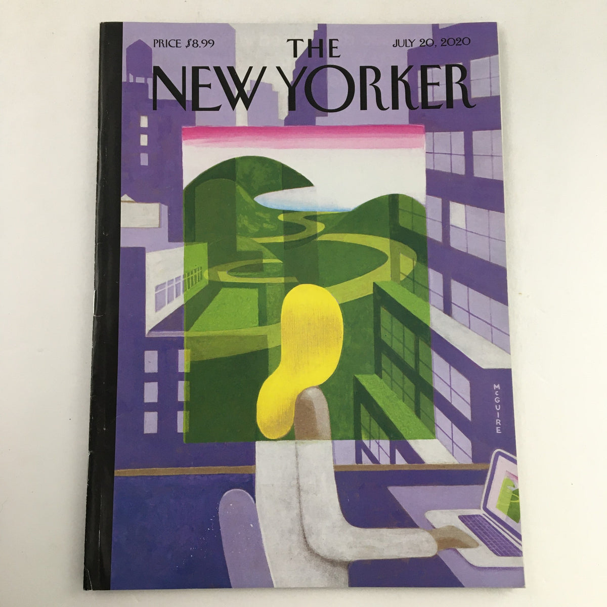 The New Yorker July 20, 2020 full magazine cover featuring artwork by Richard McGuire, showcasing a woman at a desk with a colorful landscape reflected in buildings.