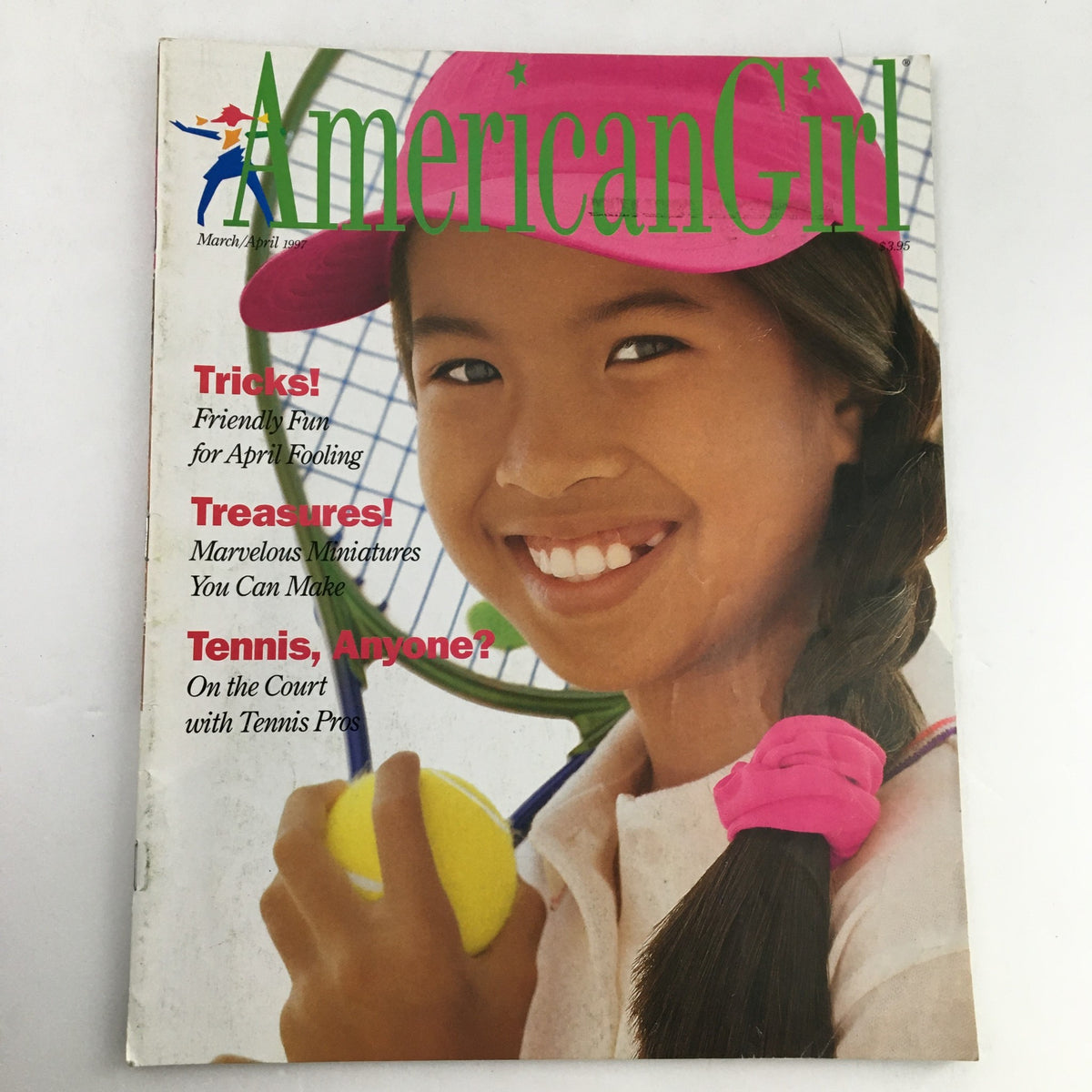 Cover of American Girl Magazine March-April 1997 featuring the theme 'Marvelous Miniatures You Can Make' with a smiling girl holding a tennis ball, highlights include crafts and playful activities.
