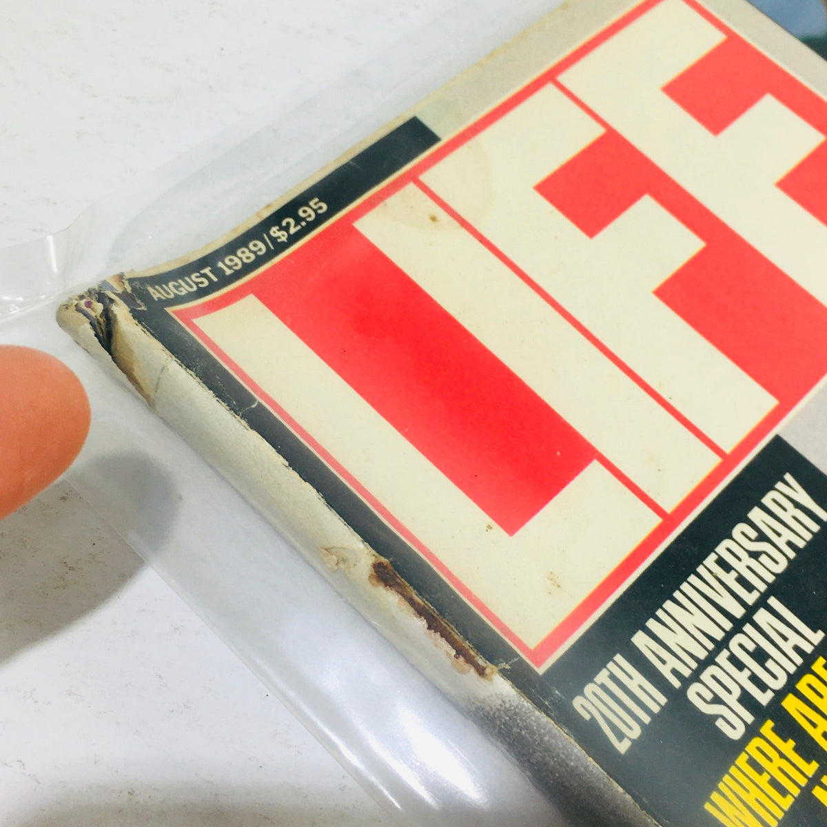 Close-up view of the vintage Life Magazine cover from August 1989, featuring the iconic title and details reflecting its condition. This issue covers the private world of Diane Sawyer and Woodstock.