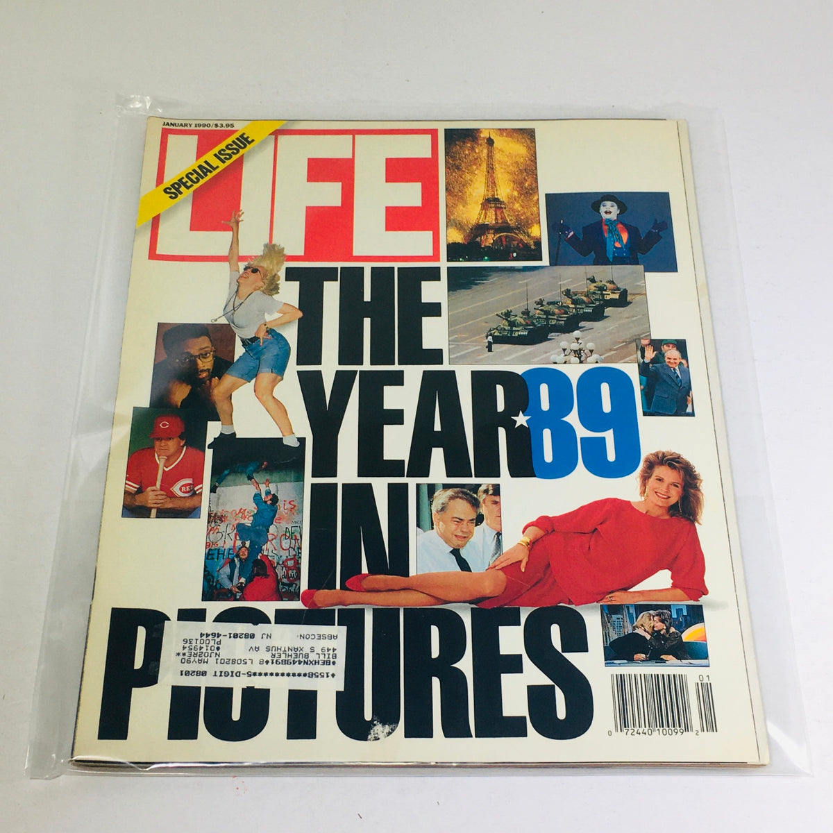 Cover of VTG Life Magazine: January 1990 - The Year In Pictures Of The Year 1989, showcasing notable cultural moments with vibrant images and headlines.