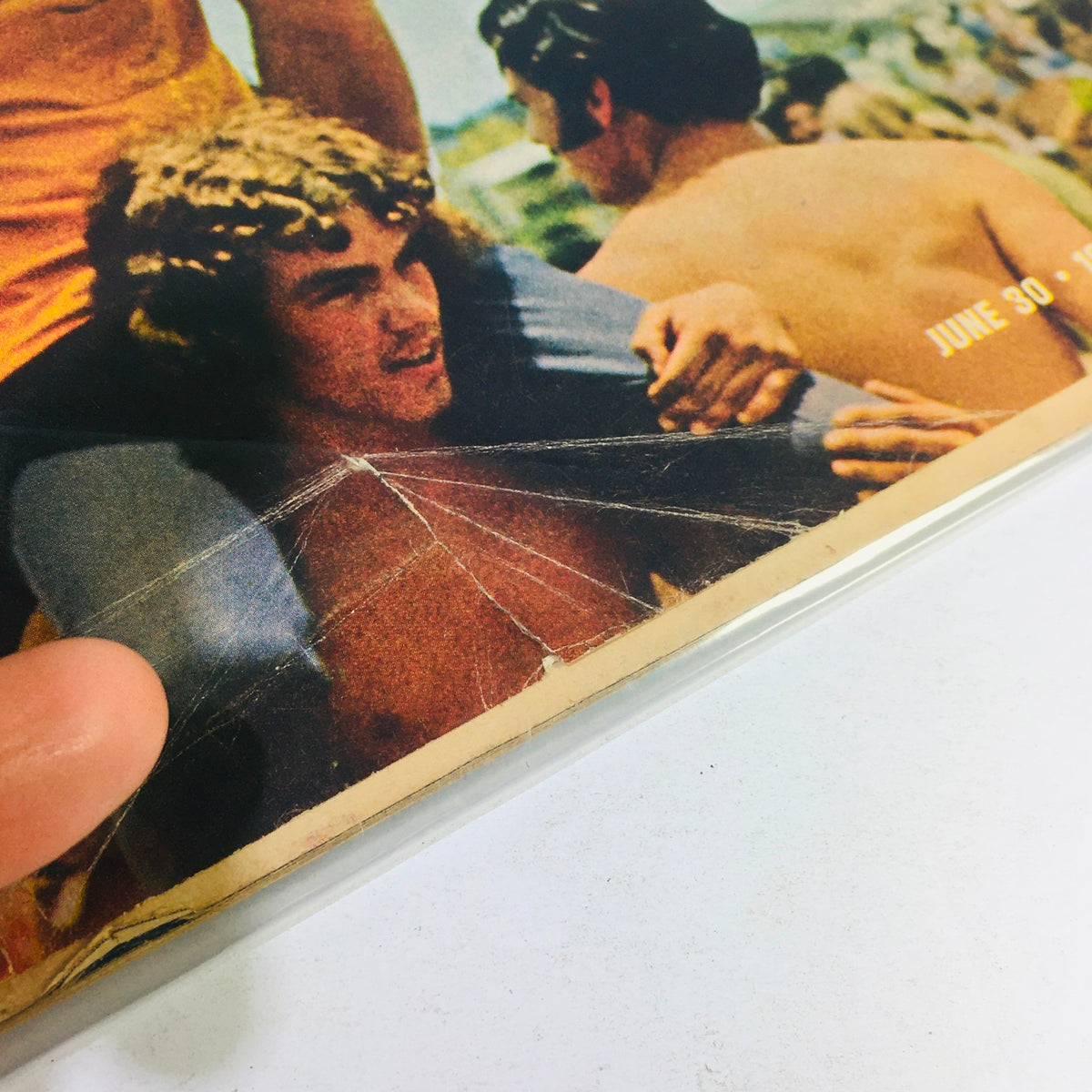 Detail of the wear and tear on the June 30, 1972 Vintage Life Magazine, showcasing its historical value with the title 'Kennedy vs. Connally: They Clash on the Economy'.