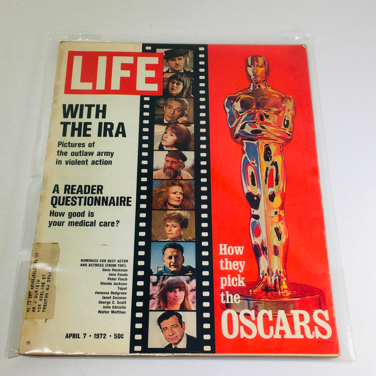 Vintage Life Magazine: April 7, 1972 featuring the iconic Oscars coverage, a Reader Questionnaire, and an article with the IRA, showcasing Hollywood stars and cinematic history.