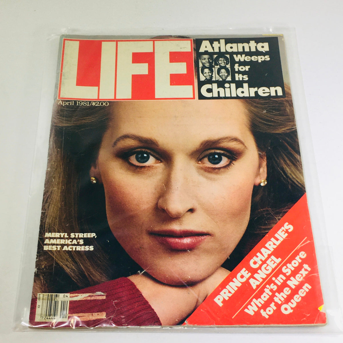 Cover of VTG Life Magazine: April 1981 featuring Meryl Streep, with the title 'Atlanta Weeps for Its Children' and a highlight on 'Prince Charlie's Angel'. This vintage magazine showcases the cultural landscape of the early '80s.