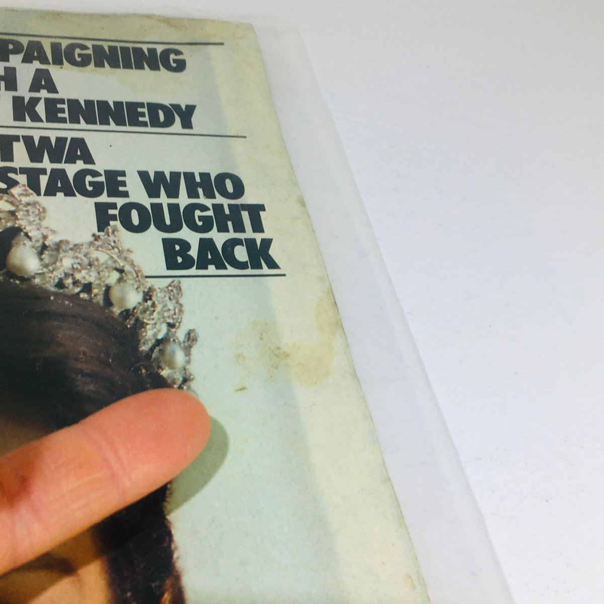 Close-up view of the cover of the Vintage Life Magazine: April 1986, featuring the title 'Campaigning With A New Kennedy' and details of the TWA hostage story.