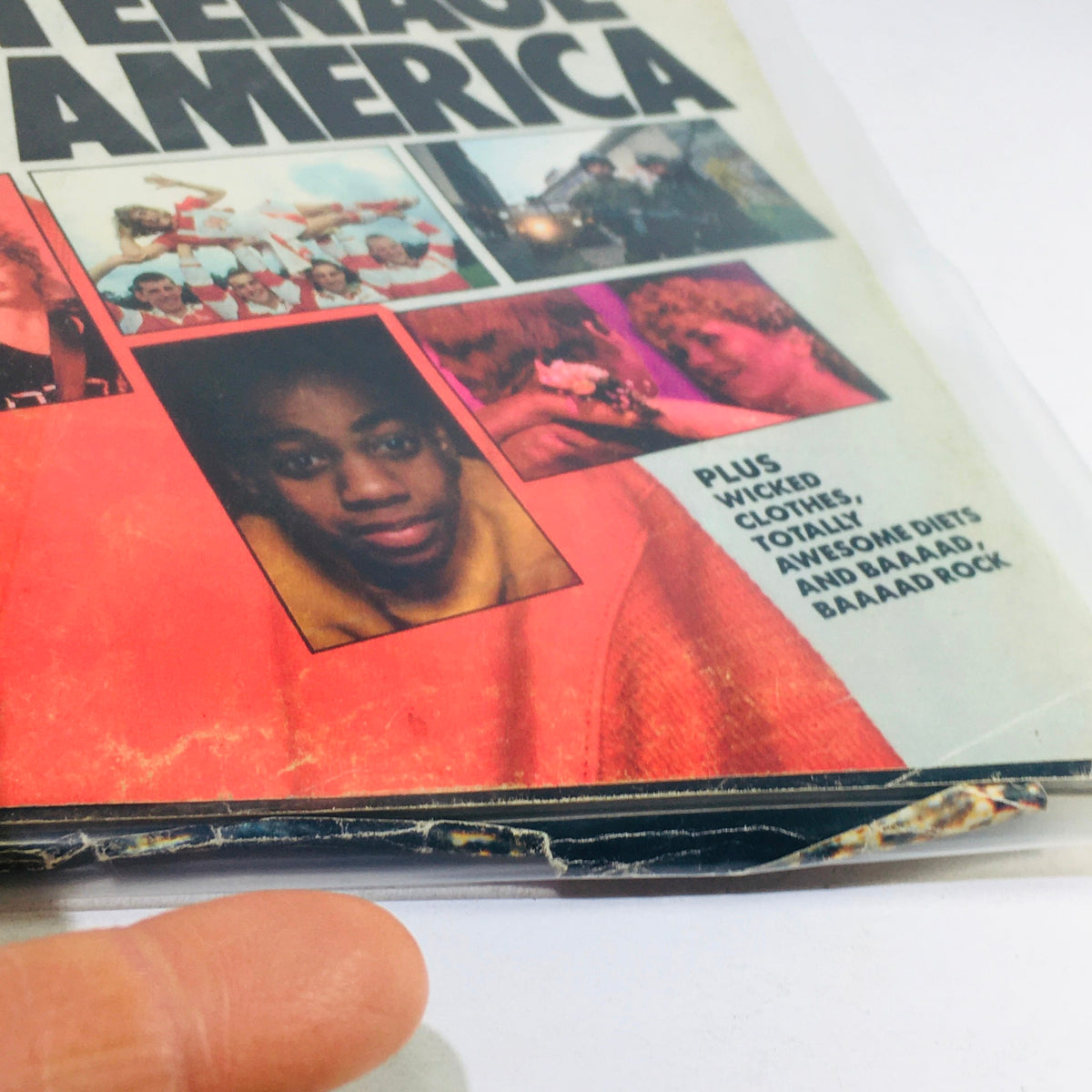 Detail of the Vintage Life Magazine from March 1986, focusing on the title 'Teenage America' and images featured around Molly Ringwald, representing 1980s pop culture.