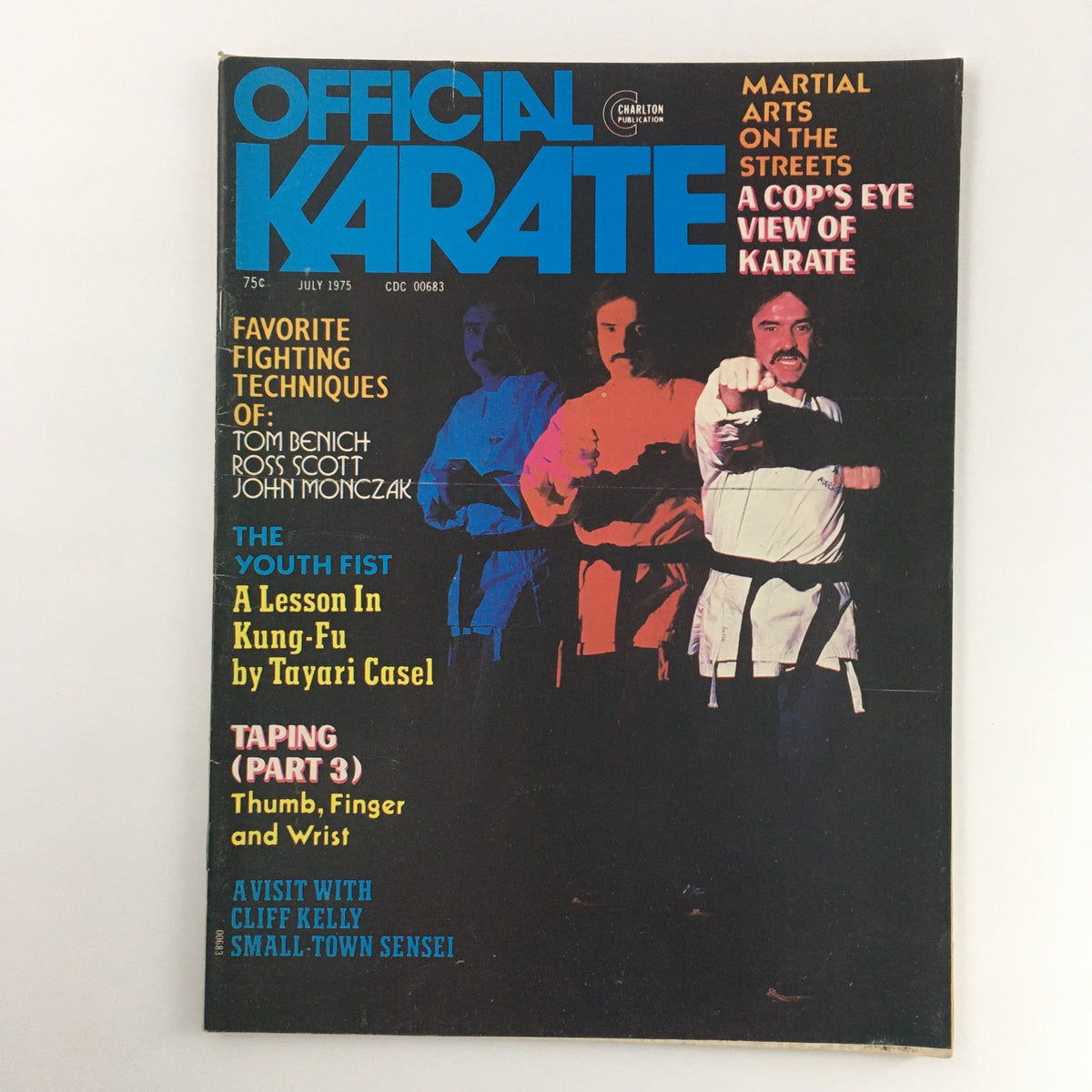 Official Karate Magazine July 1975, Vol 7 #49 cover featuring Sensei Cliff Kelly and articles on martial arts techniques, including fighting techniques of Tom Benich, Ross Scott, and John Monczak.