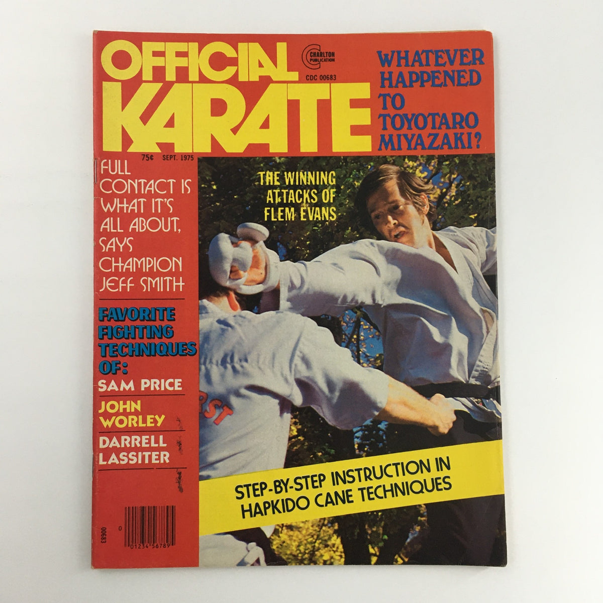Official Karate Magazine September 1975 Vol 7 #51 featuring Flem Evans' techniques on the cover with vibrant colors and headlines discussing martial arts topics.