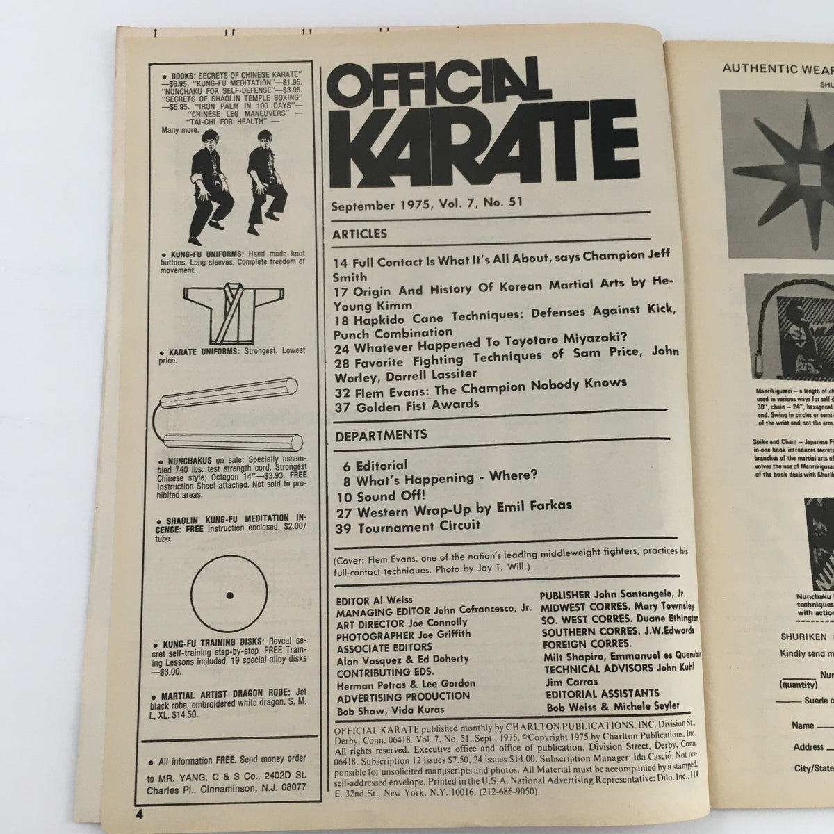 Inside page of Official Karate Magazine September 1975 Vol 7 #51 displaying article titles and topics related to martial arts, including techniques and historical insights.