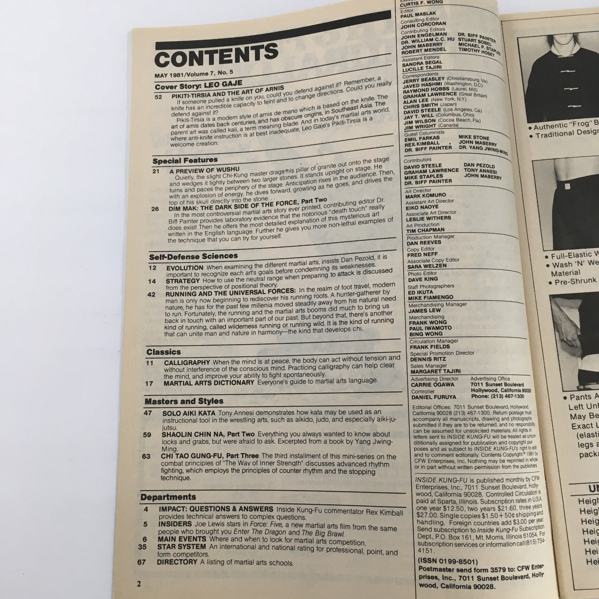 Contents page of Inside Kung-Fu Magazine May 1981 Vol 7 #5, detailing articles and features including Leo Gaje's cover story and other martial arts topics.