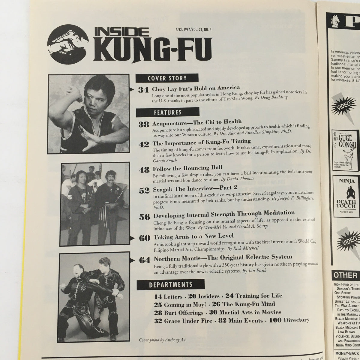 Inside page of Inside Kung-Fu Magazine, April 1994, Vol 21 #4, displaying the contents including Choy Lay Fut's Hold on America and various martial arts features.