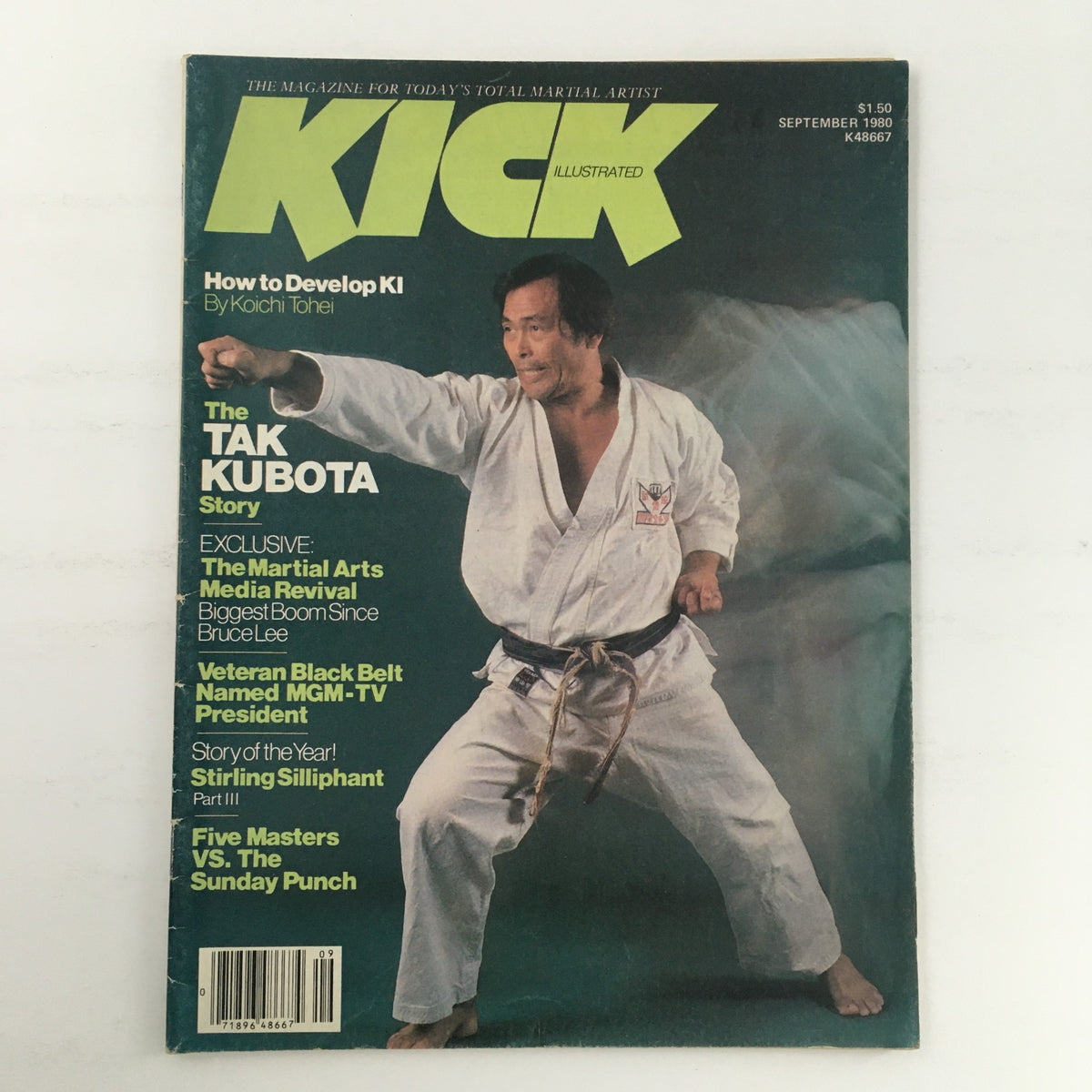 Kick Illustrated Magazine September 1980 Vol 1 #3 featuring The Tak Kubota Story on the cover, showcases Tak Kubota in martial arts attire, emphasizing the magazine's focus on martial arts in the late 20th century.