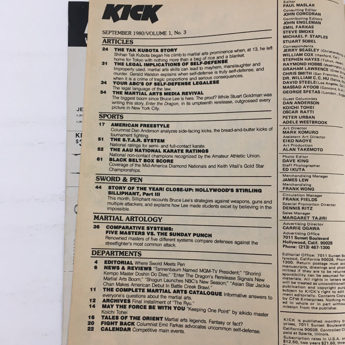 Inside contents of Kick Illustrated Magazine September 1980 Vol 1 #3, detailing articles including The Tak Kubota Story, the Martial Arts Media Revival, and more, highlighting the magazine’s comprehensive coverage of martial arts topics.