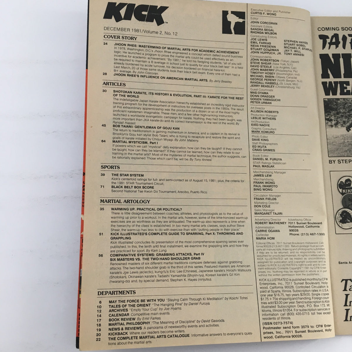 Inside page of Kick Illustrated Magazine December 1981, Volume 2, Issue 12 highlighting articles and features including Master Jhoon Rhee's story in martial arts.