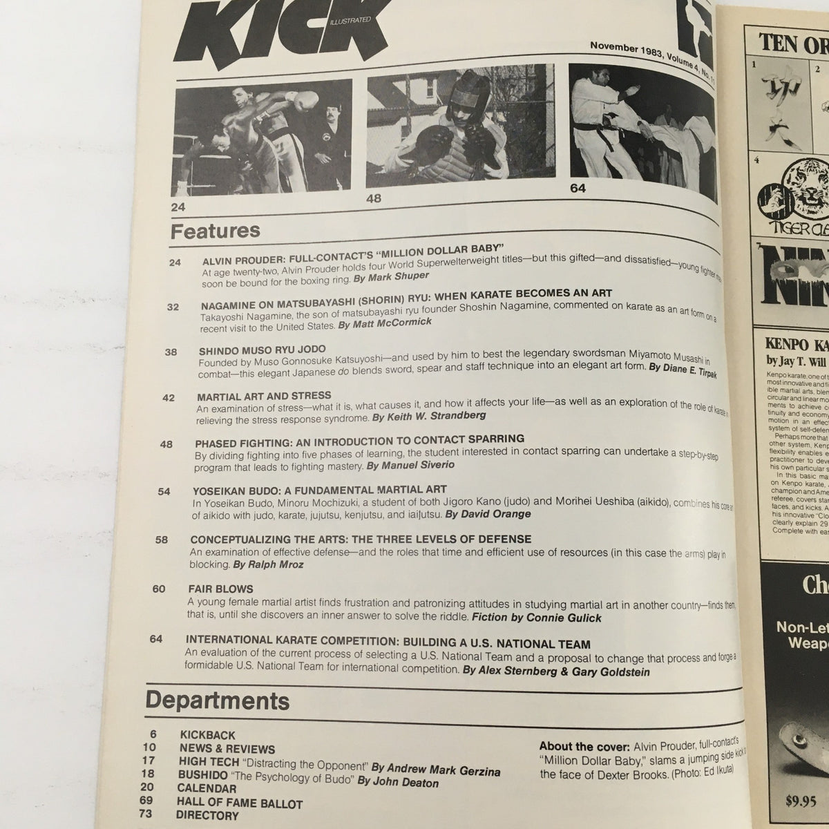 Inside page of Kick Illustrated Magazine November 1983 Vol 4 #83, showcasing features and articles related to martial arts, including Alvin Prouder's 'Million Dollar Baby' story.