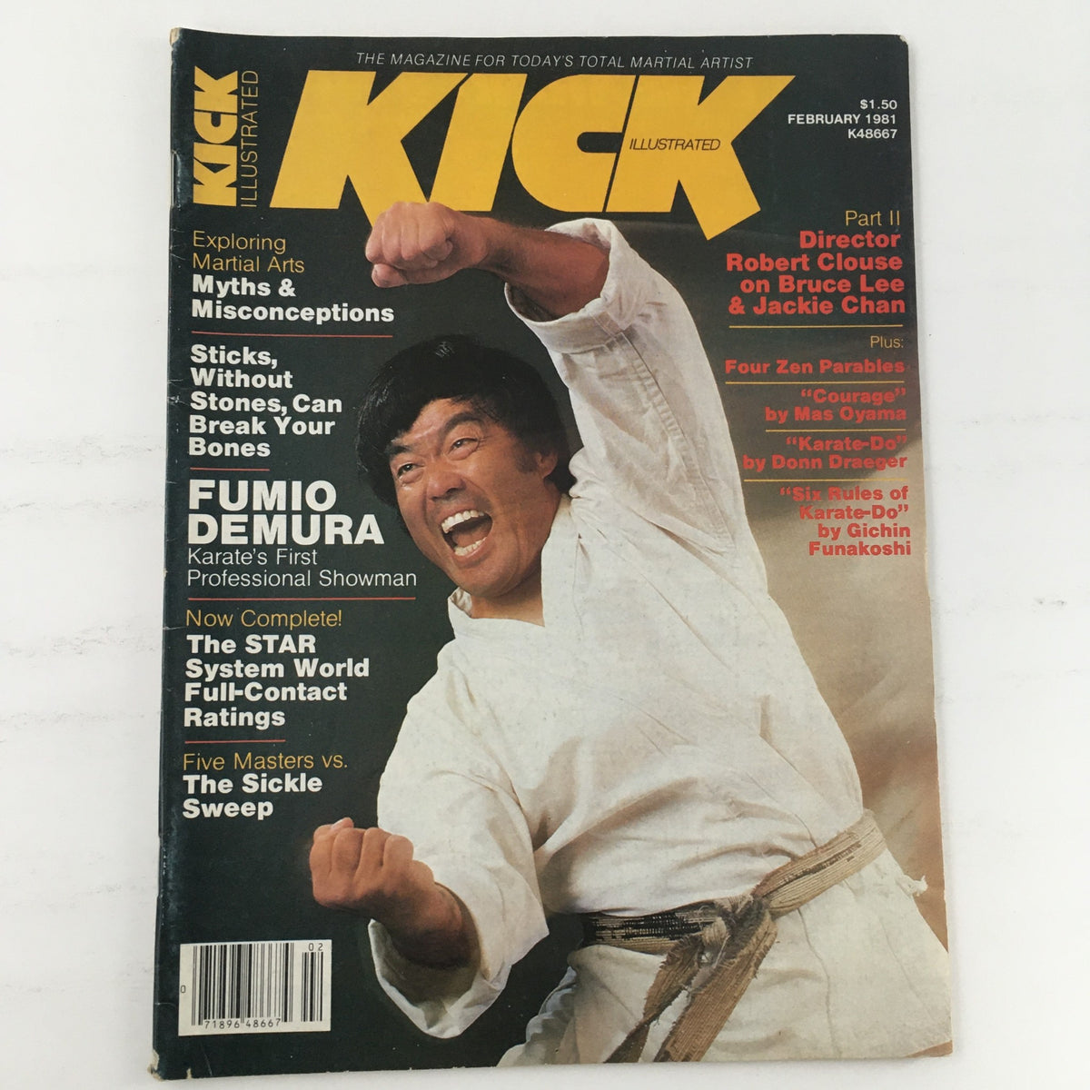 Cover of Kick Illustrated Magazine February 1981 Vol 2 #2 featuring Fumio Demura, highlighting martial arts articles and techniques.