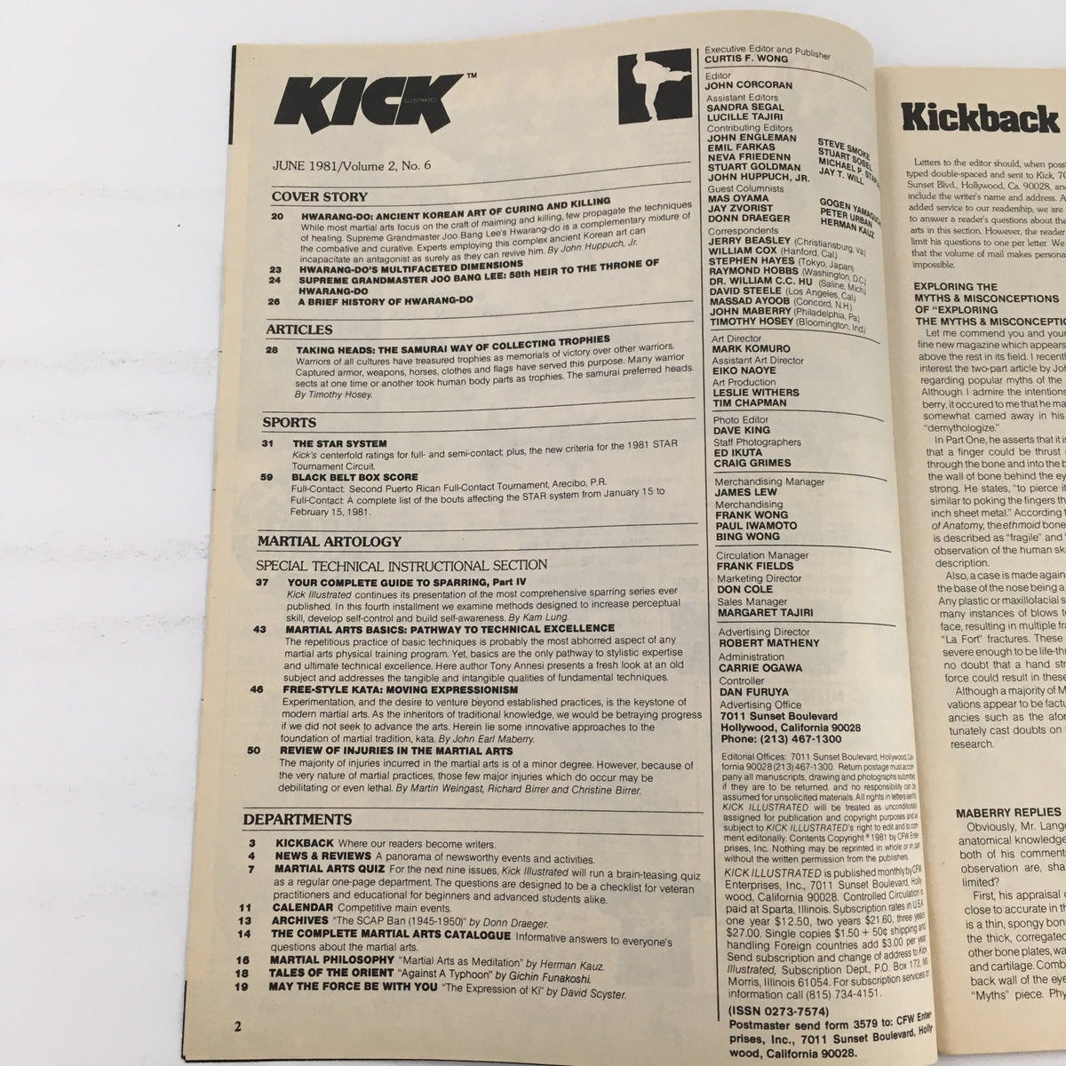 Inside page of Kick Illustrated Magazine June 1981 Vol 2 #6 showing contents and articles related to martial arts, including topics on sparring and techniques.