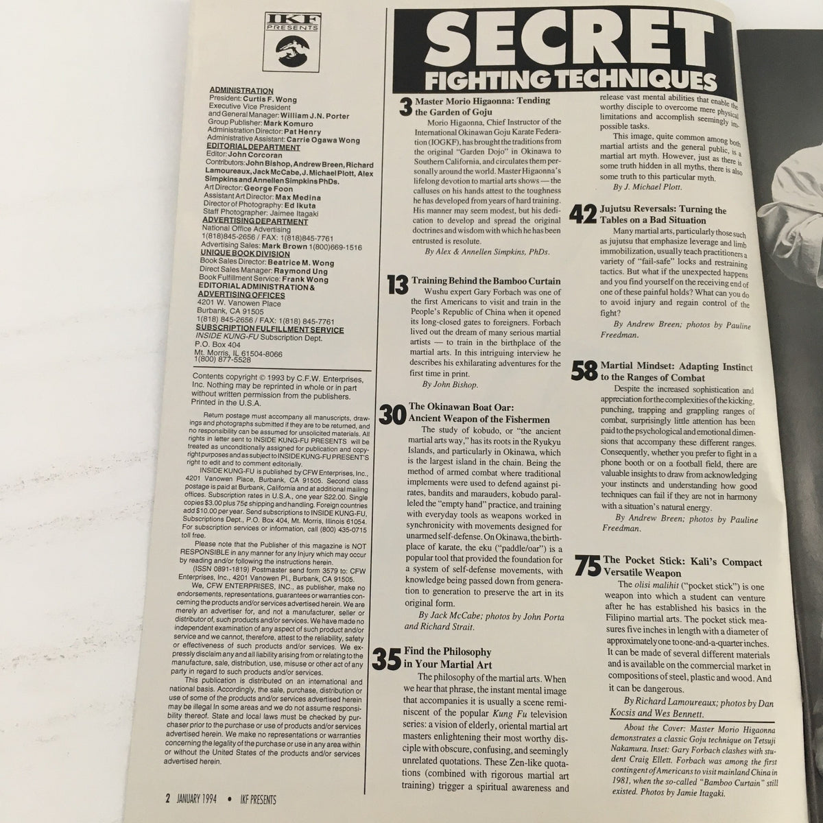 Secret Fighting Techniques Magazine January 1994 Morio Higaonna & Gary Forbach