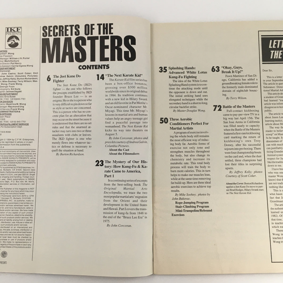 Contents page of Secrets of the Masters Magazine, October 1994 issue, detailing articles about martial arts, including features on Bruce Lee and Hilary Swank.