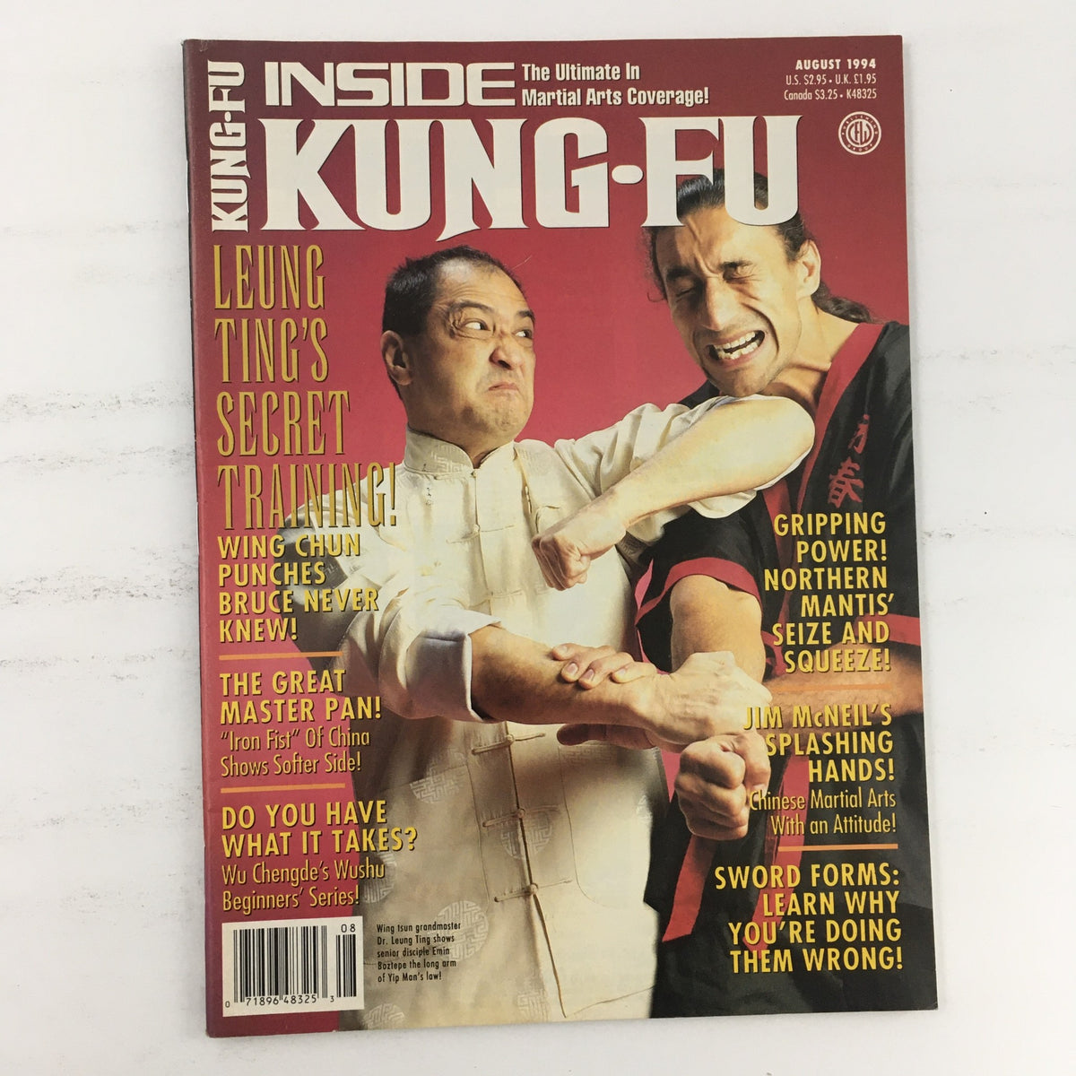 Cover of Inside Kung Fu Magazine August 1994 Vol 21 #8 featuring Leung Ting and Emin Boztepe in a martial arts demonstration. The magazine highlights Wing Chun techniques, martial arts training, and interviews with key figures in the martial arts community.