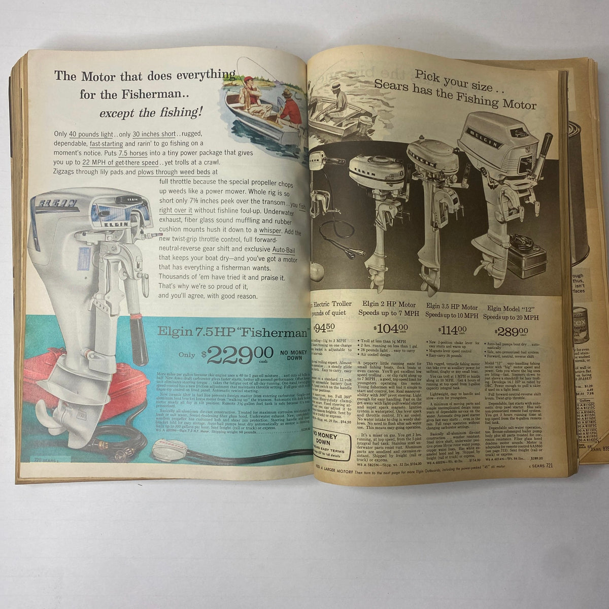 Interior page from the 1963 Sears Classic Spring and Summer Catalog showcasing Elgin 7.5HP Fisherman Motor with pricing and features, perfect for fishing enthusiasts.