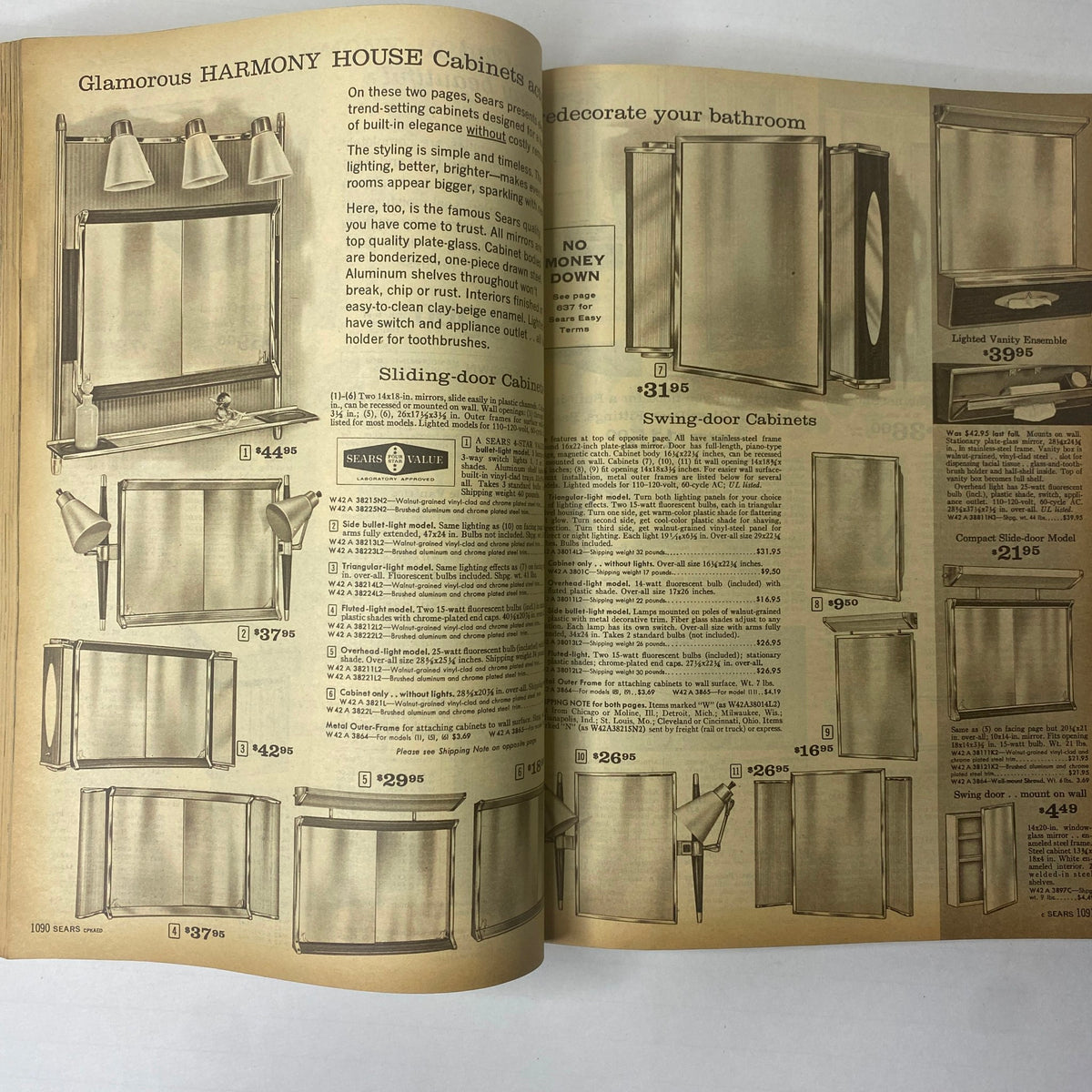 Interior page from the 1963 Sears Classic Spring and Summer Catalog featuring Harmony House cabinets for bathroom decoration along with pricing details.