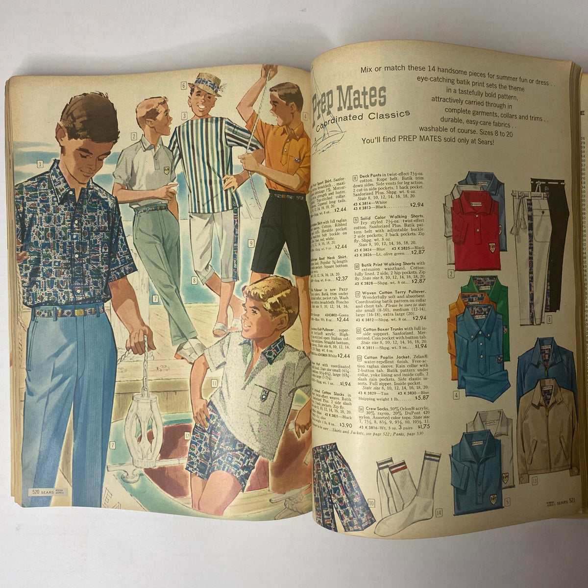 1962 Sears Family Patterns Spring - Summer Catalog featuring stylish summer clothing for boys and men, displaying classic Hawaiian shirts, shorts, and casual attire in bold patterns suitable for outdoor activities.