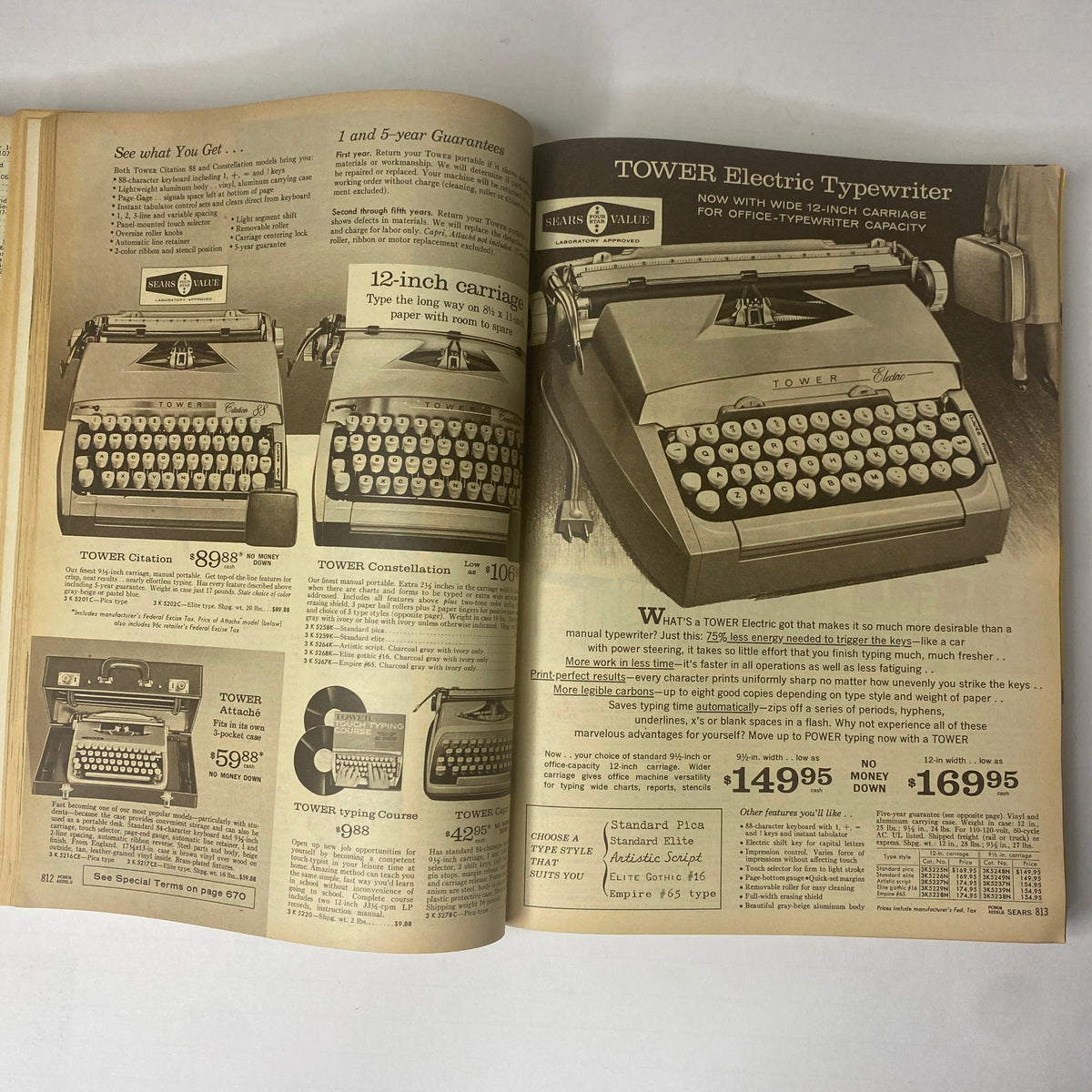 1962 Sears Family Patterns Spring - Summer Catalog advertising Tower Electric Typewriter, featuring various models with specifications, prices, and comparisons for home and office use.