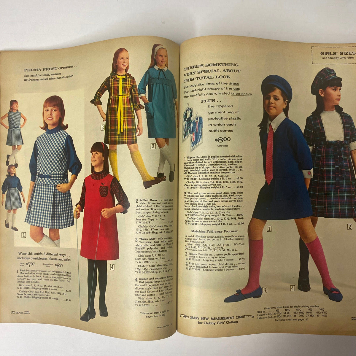 Interior pages of the 1966 Sears Classic Fall and Winter Catalog showcasing fashionable outfits for girls with style descriptions and pricing.
