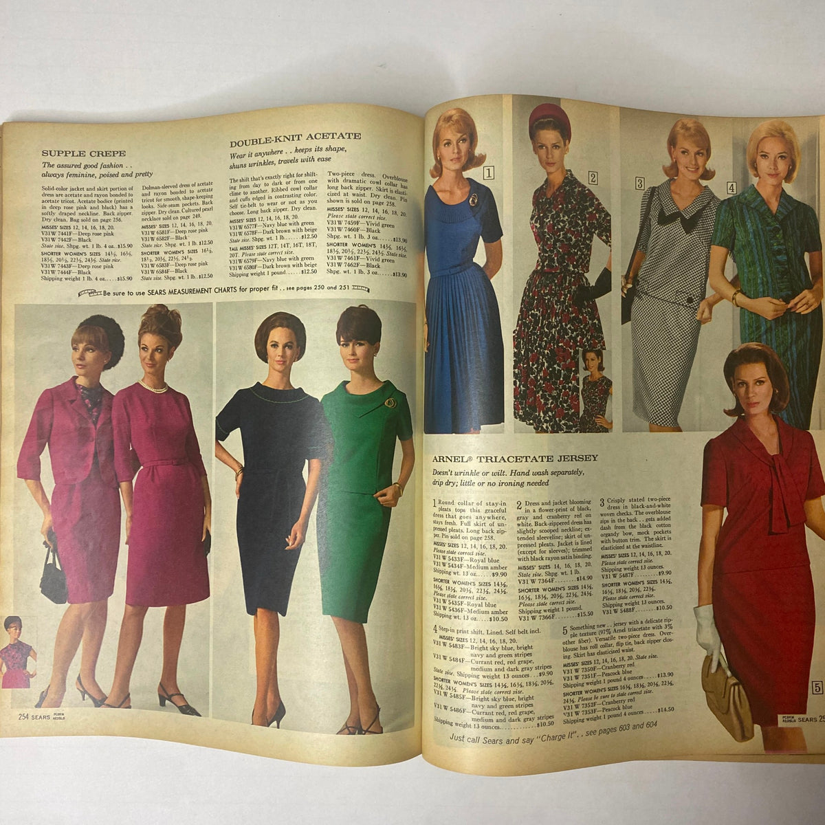 1966 Sears Classic Fall and Winter Catalog featuring elegant women's dresses made from supple fabrics, highlighting vintage fashion styles from the 1960s.