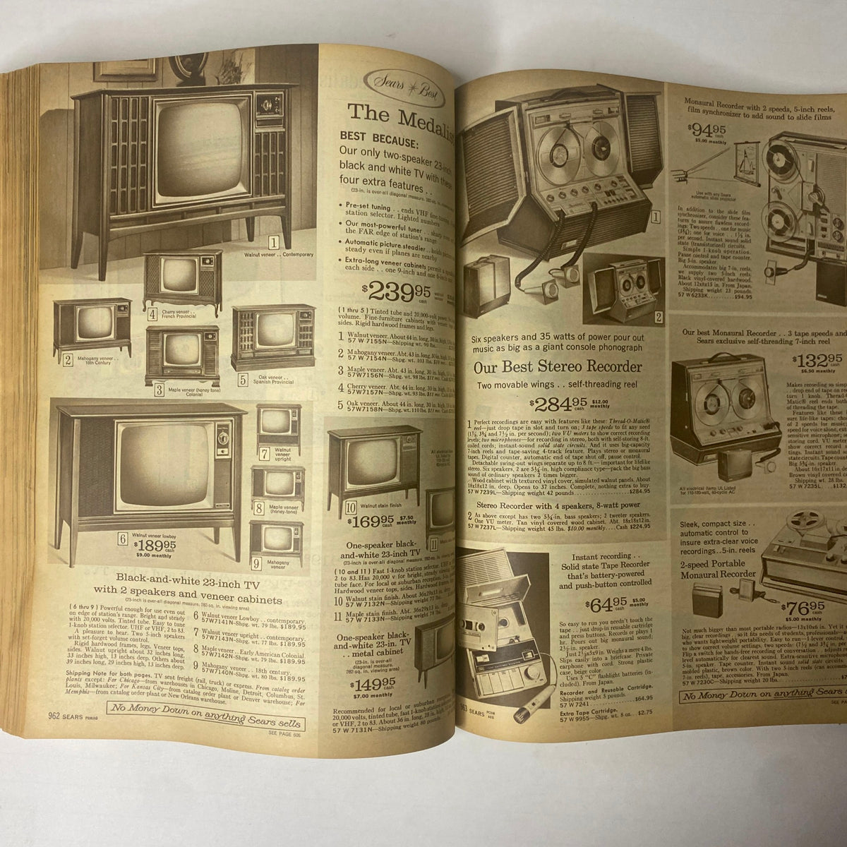 1966 Sears Classic Fall and Winter Catalog presenting various television models and stereo recorders, showcasing vintage audio-visual technology.